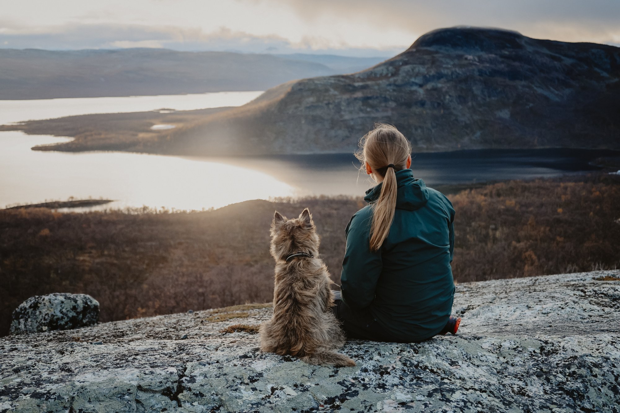 A woman and her terrier are sitting on the slopes of Saana looking toward Pikku-Malla in sun set