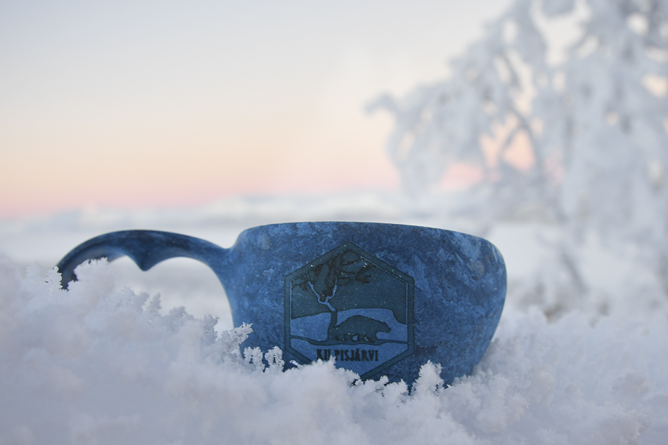 Kilpisjärvi themed blue outdoor mug in snow