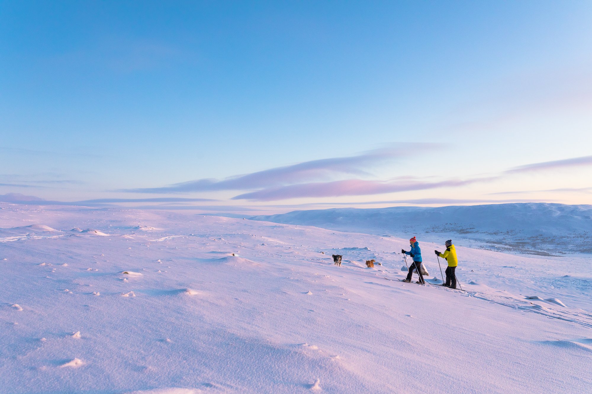 Two skiers on open fells in Kilpisjärvi with pastel sky behind them. They have rented their skis from Kilpisjärven Retkeilykeskus