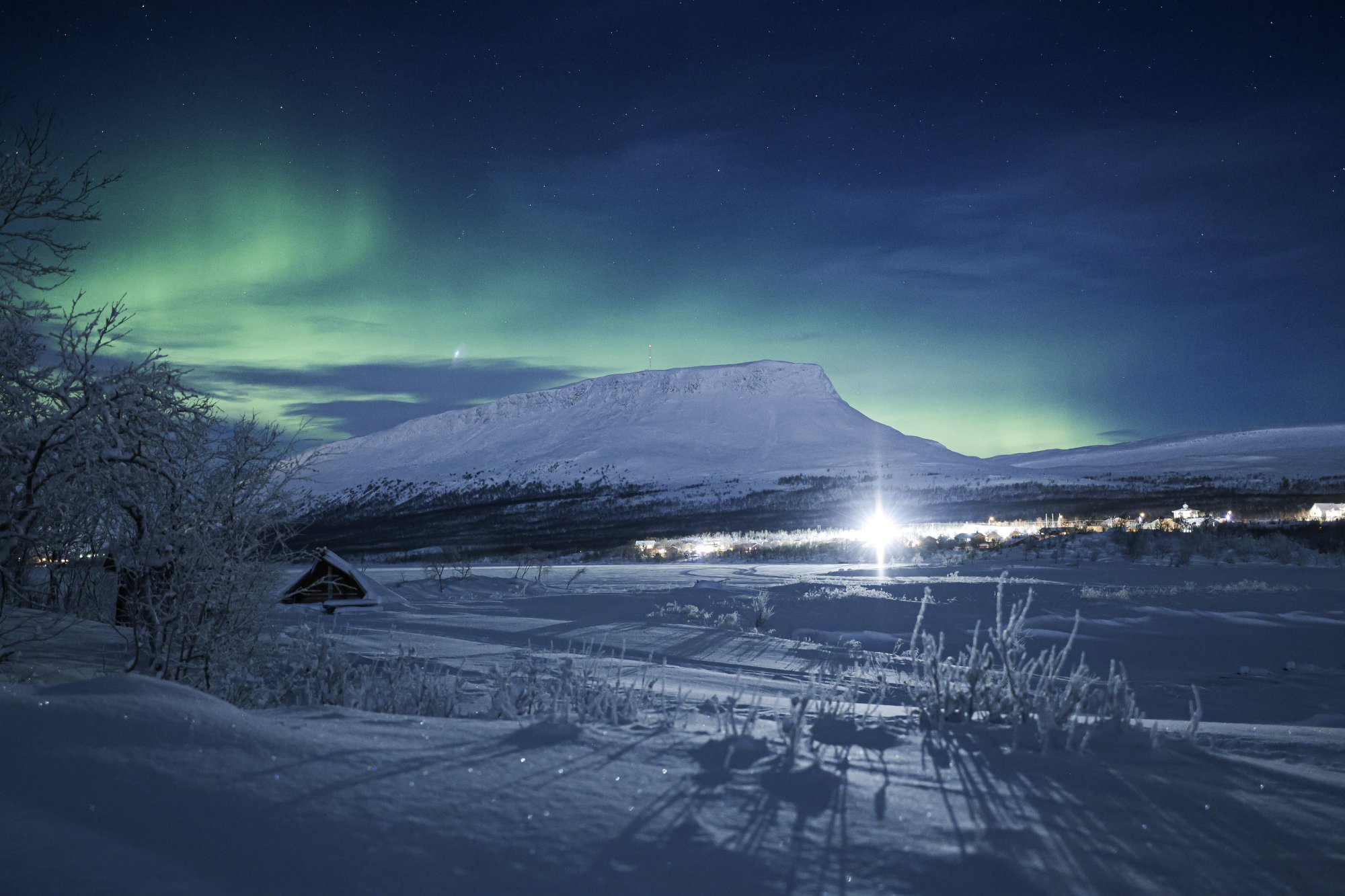Saana fell, Finlands most famous, under northern lights in Kilpisjärvi Lapland